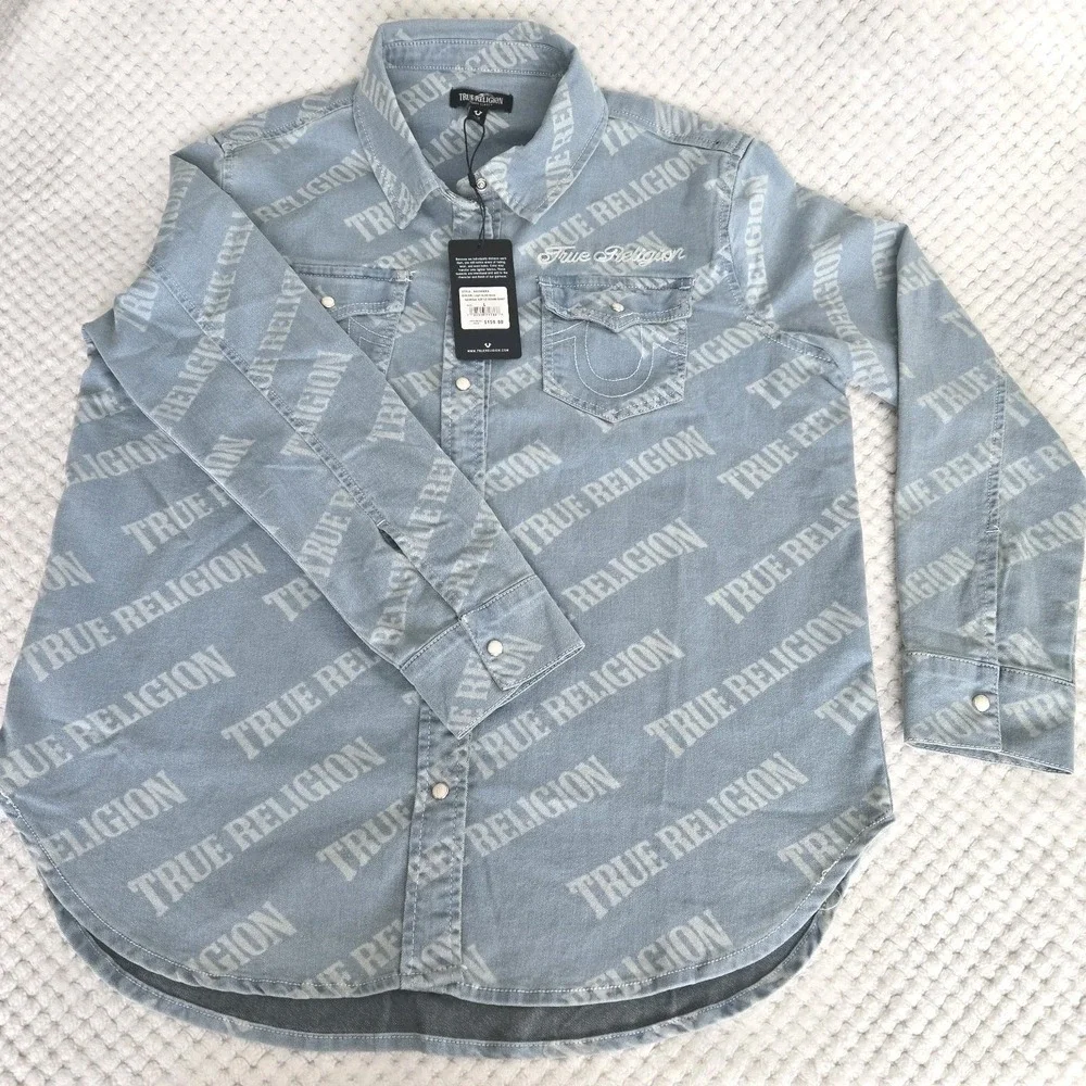 True Religion Georgia Denim Shirt Men's Sz Large Western Cowboy Pearl Snap‎